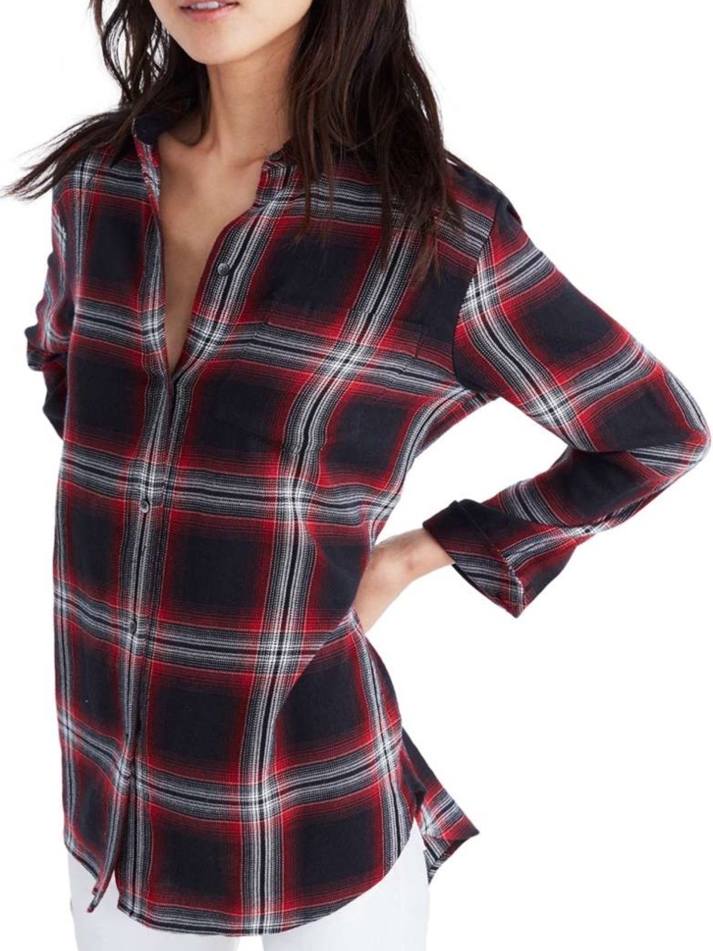 Madewell Classic Ex Boyfriend Button Up Shirt Grunge Plaid True Black Red Size M